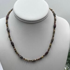 Michal Golan Agate Brown Gray Neutral Single Strand Pearl Crystal Brass necklace